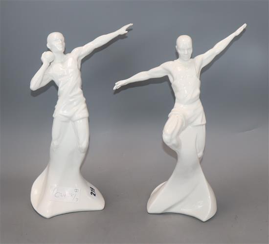 Two Coalport figures, Sporting elements - The Power Throw and Achieving The Distance, modelled by Neil Welch